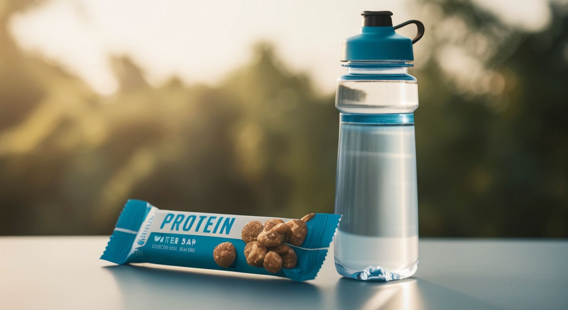 Protein bar on a table with workout gear in the background
